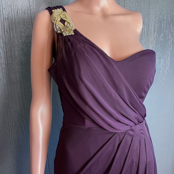 Xscape One Shoulder Ruched Chiffon Maxi Dress 10 Cocktail Formal Prom Ball FLAWS - Picture 2 of 8